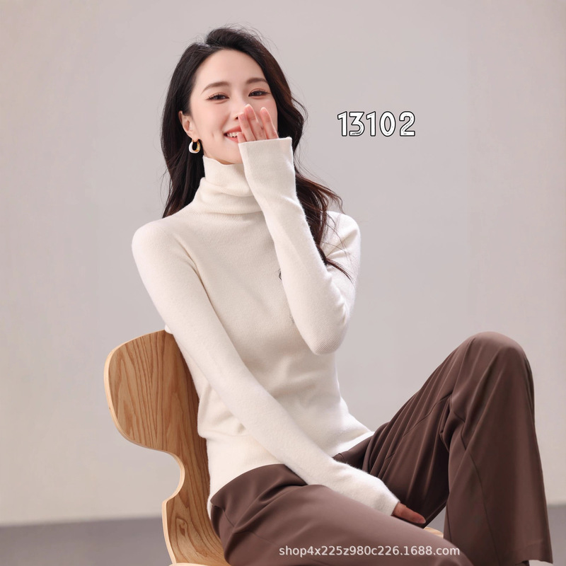 Autumn Solid Color Seamless Cashmere Silk Thermal Top for Women Simple Stacked Collar Knitted Oem Long Sleeve Sweater Wholesale