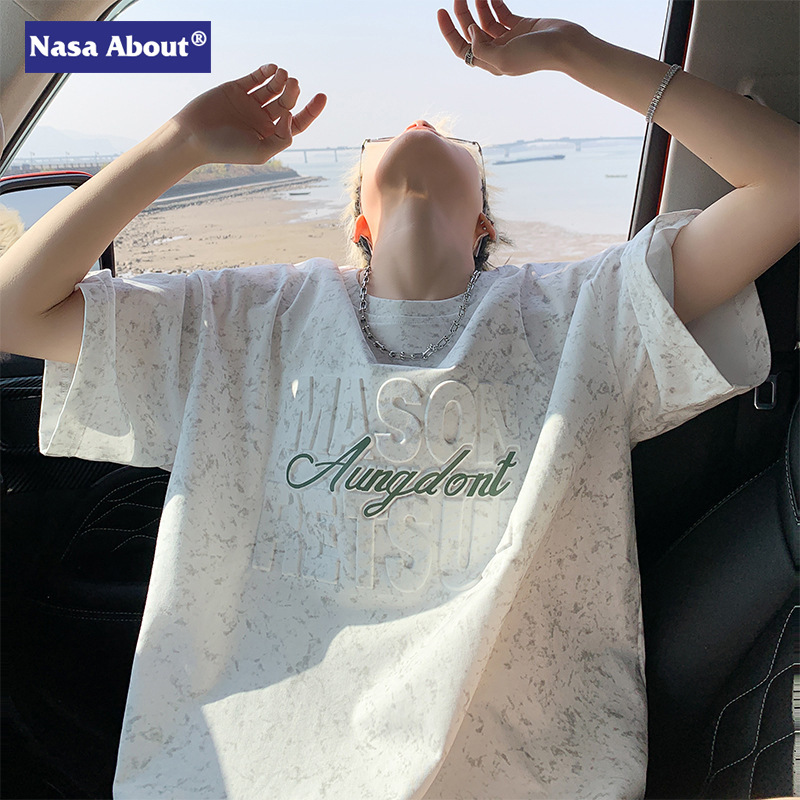 NASA 여름 캐주얼 티셔츠 반팔 남성 느슨한 편지 스틸 프린트 반소매 틈새 청소년 아메리칸 스타일 티셔츠
