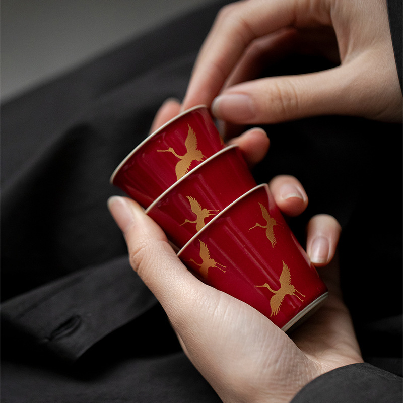 Pangulang red gold-plated crane ceramic tea cup Kung Fu tea set…