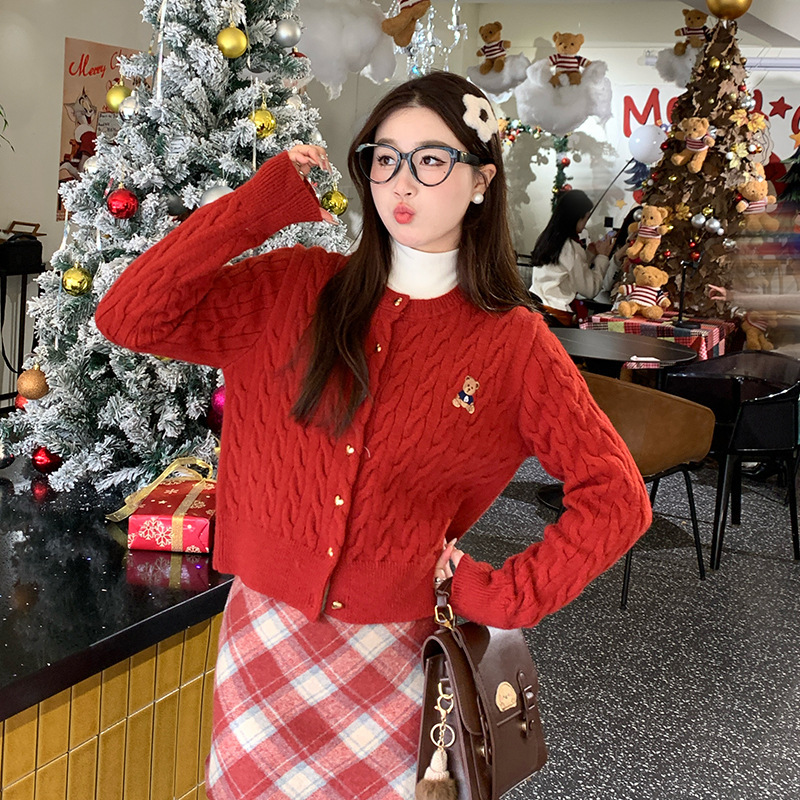早秋毛衣开衫女2025新款藏蓝色小熊刺绣麻花针织外套韩系穿搭上衣|undefined