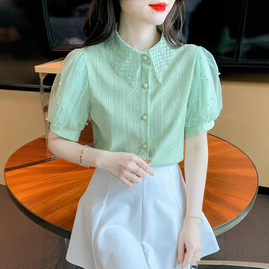 Camicetta da donna in pizzo con maniche a palloncino in rete con perline, cardigan estivo a maniche corte, top trasparente casual, abbigliamento da strada alla moda_voghion.com
