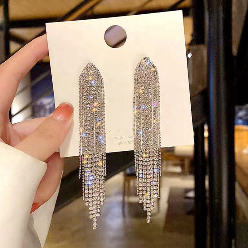 European and American Fashion Long Temperamental Tassels Rhinestone Earrings Female 925 Silver Needle Exaggerated Personalized Net Red Tide Manifold Earrings