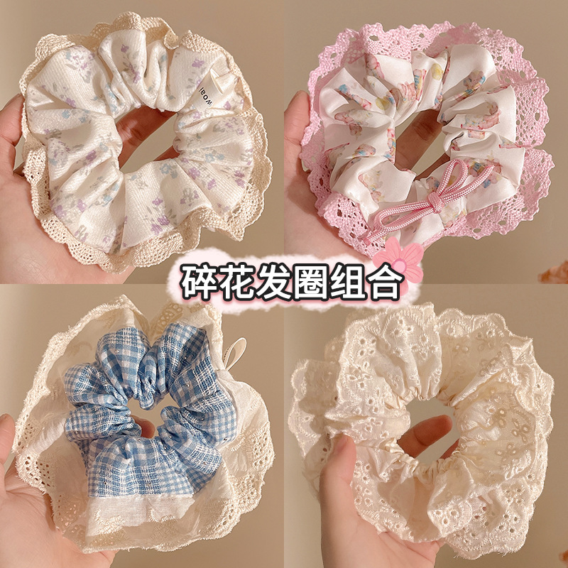 Encaje coreano suave, lazo para el cabello de intestino grueso floral, cuerda para el cabello de alta calidad femenina, cuerda para el cabello, alta elasticidad y cuerda para el cabello duradera, no daña el cabello