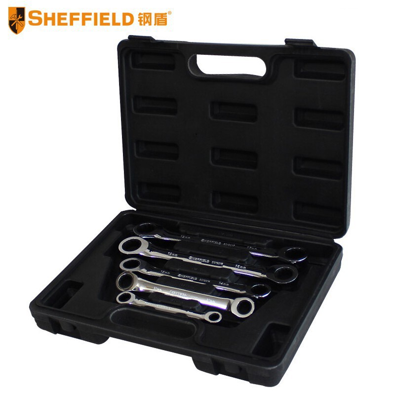 钢盾S018901 5件套全抛光双梅花快扳组套棘轮快板8-19mm表面镀铬