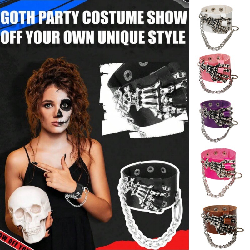 European and American Trendy Retro Men's Skull Ghost Claw Bracelet Exaggerated Punk Non-Mainstream Pu Leather Bracelet for Women