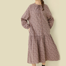 日系碎花条纹棉麻连衣裙2025秋季新款甜美森系半开扣系带中长裙女