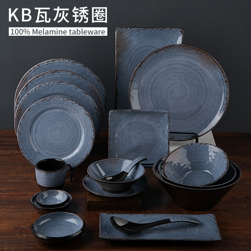 新款仿瓷KB瓦灰纹密胺摆台餐具工厂直销密胺餐具