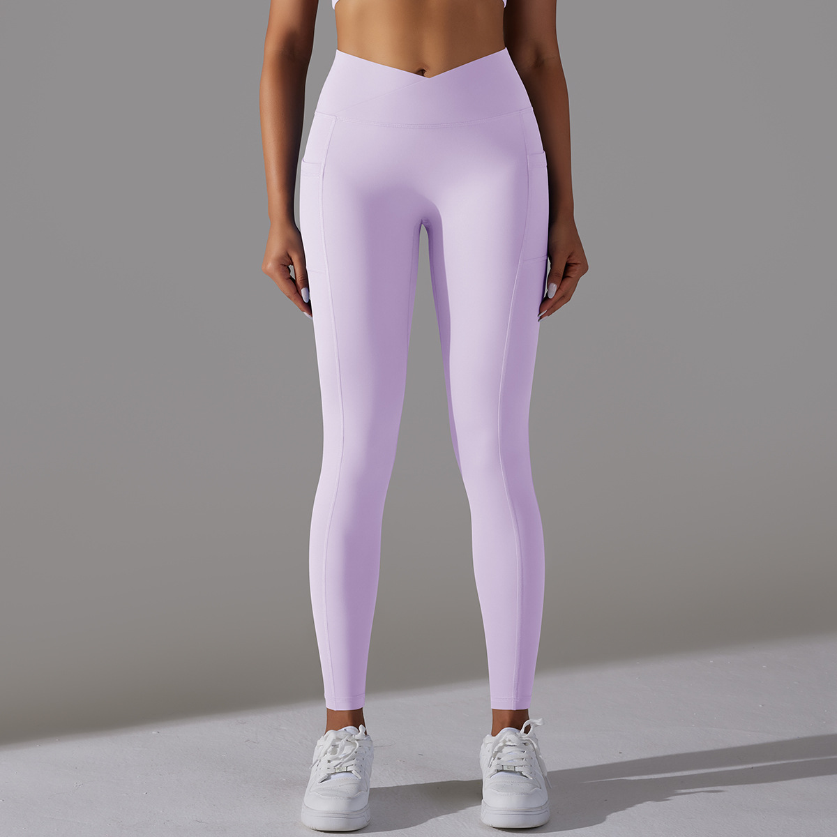 Abbigliamento da donna Pantaloni da yoga con tasca sui fianchi incrociati in nylon double face a vita alta, pantaloni da fitness da corsa sportivi_voghion.com