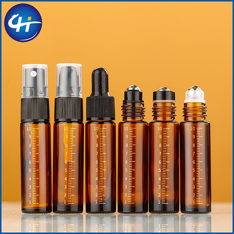 批发10ml刻度款滚珠瓶喷雾瓶滴管瓶精油走珠瓶茶色避光玻璃分装瓶