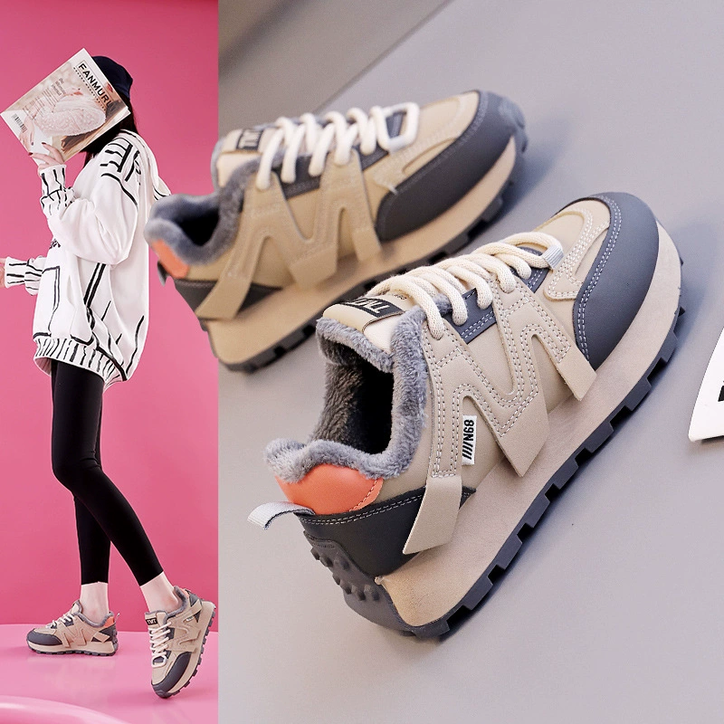 Корейские утепленные кроссовки на толстой подошве с флисовой подкладкой, зимняя новинка 2025 года, уличный стиль, женские кроссовки для бега FD6686-1