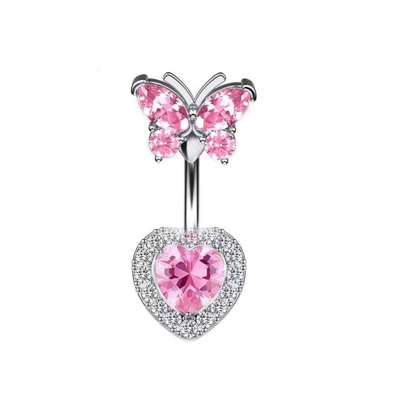 Piercing de nombril en acier inoxydable papillon et zircon rose_voghion.com