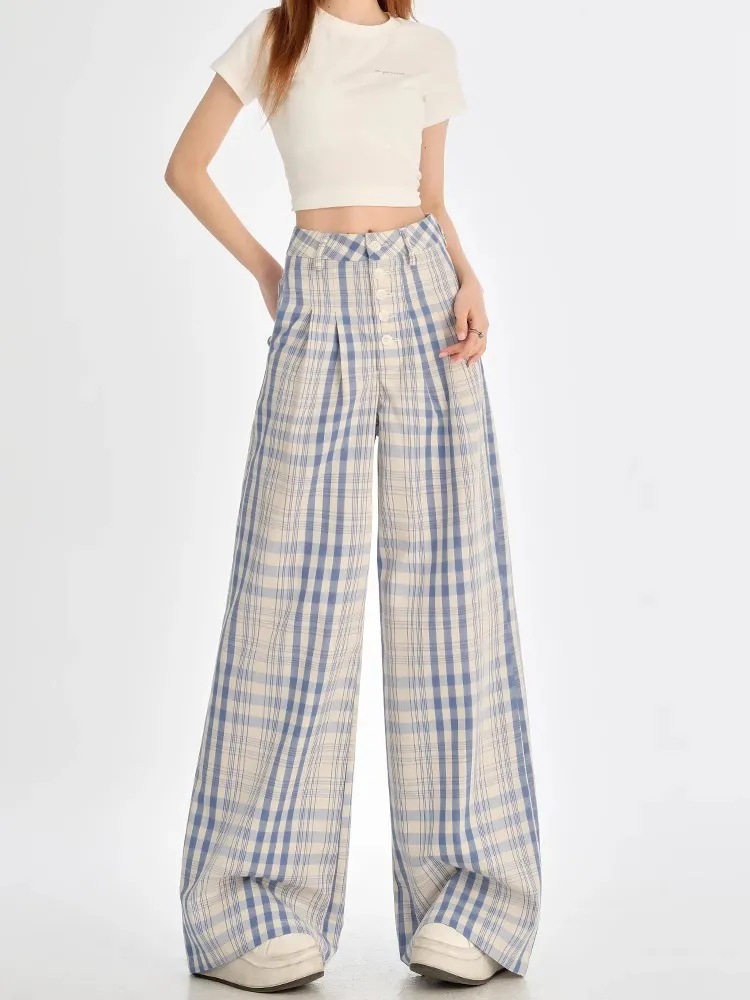 Pantalones casuales de piernas anchas a cuadros azules claros de mujeres otoño y invierno nuevos diseños de hebilla de cintura alta y pantalones de trapazón rectos sueltos y delgados image 2