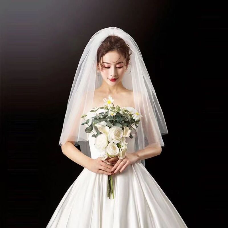 New White Bridal Veil Covering Multi-Layer Short Korean Plain Veil Wedding Dress Photo Veil for Photo Studio