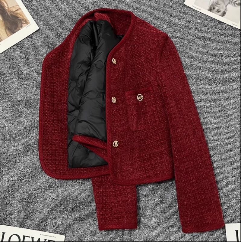 Burgundy Chanel-Style Women's 2025 Winter New Down-Lined Coat, Trendy Top for Petite Women This Year