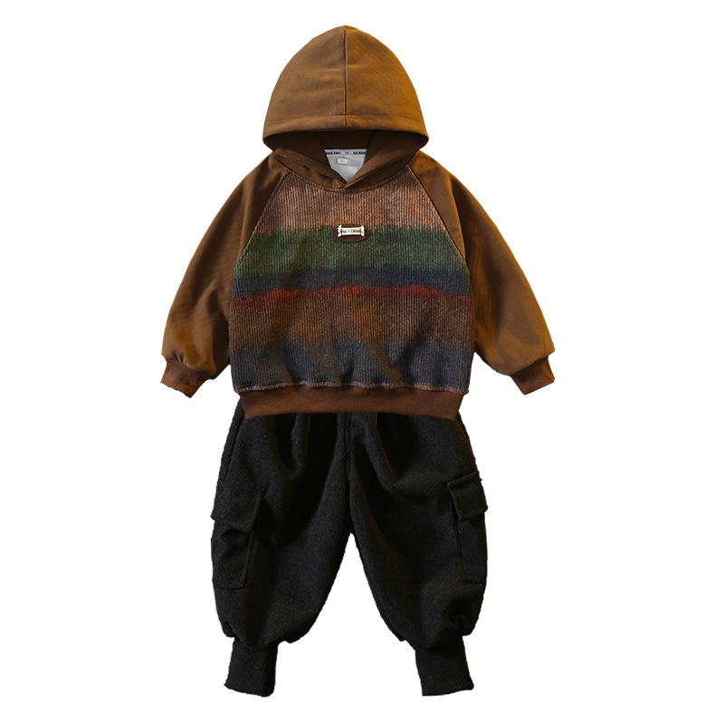 6095 Traje casual para niños Primavera y otoño 2024 Nuevo suéter con capucha para niños Traje de dos piezas de moda de otoño para bebés