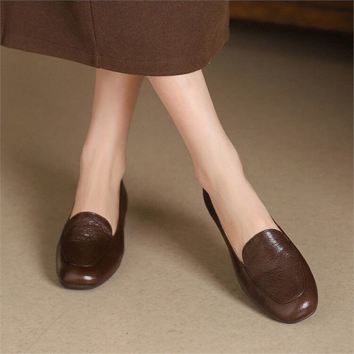 Spring 2025 Soft Leather Loafers for Women, French Retro Style, Low Open Toe, Narrow Small Heel, New Arrival