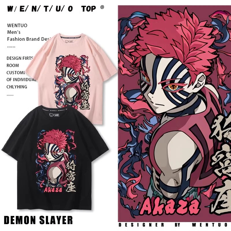 Hot Anime Demon Slayer Akaza Print 100% Cotton T-Shirt Summer Outdoor Casual Plaid Fashion Streetwear Hot Anime Demon Slayer Akaza Print 100% Cotton T-Shirt Summer Outdoor Casual Plaid Fashion Streetwear