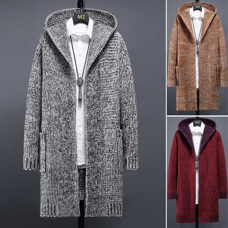 Winter Thickened Warm Men's Long Hooded Knitted Cardigan Wish European and American Cross-Border Sweater Coat Casual Windbreaker
