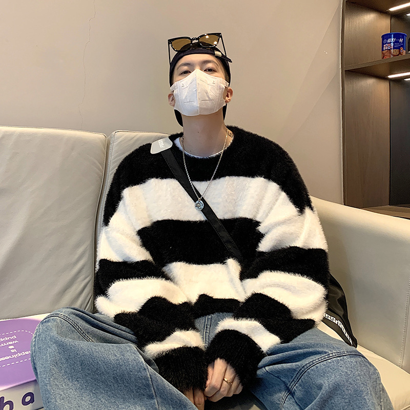Striped Contrasting Sweater Men's Autumn and Winter Thickened Loose Mohair Knitted Sweater Lazy Fashion Brand Casual Sweater Jacket Striped Contrasting Sweater Men's Autumn and Winter Thickened Loose Mohair Knitted Sweater Lazy Fashion Brand Casual Sweater Jacket