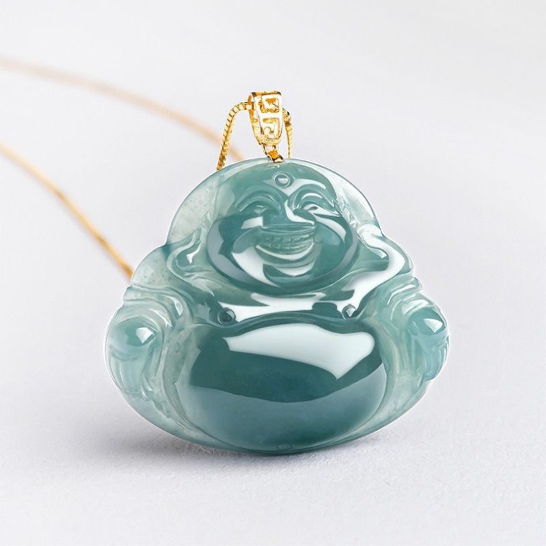 Mặt dây chuyền ngọc bích tự nhiên A hàng Phật Di Lặc dát vàng 18K cho nữ chi tiết 2