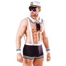 欧美情趣男士海军水手消防员制服性感诱惑白色背带裤游戏服跨境专