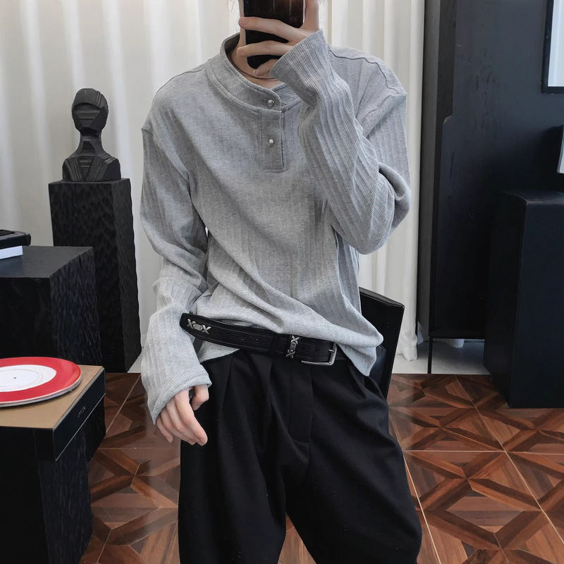 Solid Color Henry Collar Long-Sleeve Knit Sweater for Men, Spring and Autumn Vintage Old Money Style Boxy Regular Shoulder Polo Shirt Base Layer