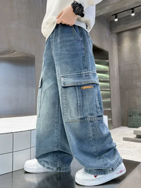 Boys' Jeans Spring and Autumn 2025 New Style for Older Children, Autumn Cargo Pants, Boys' Casual Pants Trendy for Fall