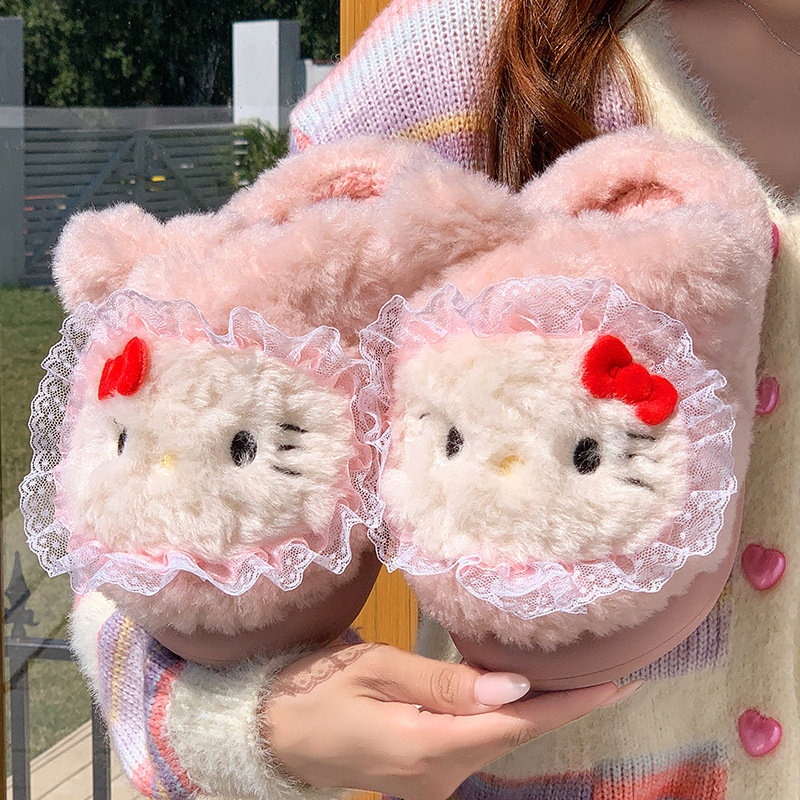 三丽鸥卡通蕾丝Hello Kitty厚毛绒保暖防滑棉拖冬季居家情侣棉鞋|undefined