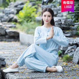 新款瑜伽服套装太极服棉麻晨练服两件套禅意茶服春秋新款女