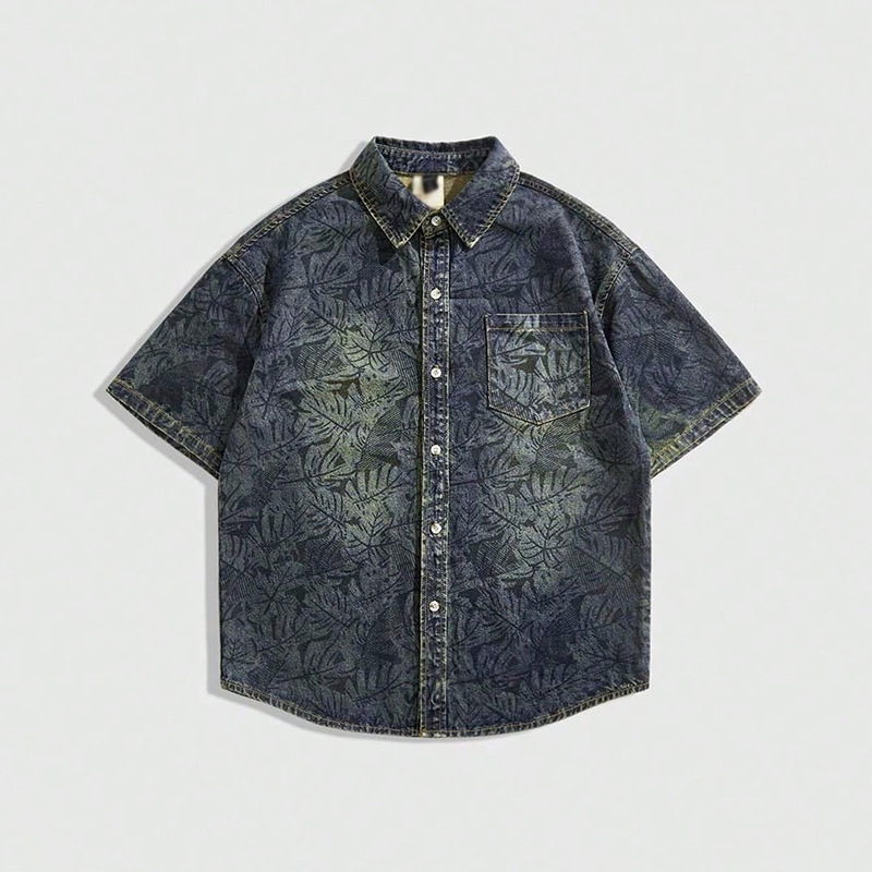 New American Trendy Brand Japanese Retro Full-Print Washed Denim Short-Sleeved Shirts for Men and Women Loose Half-Sleeved Shirts