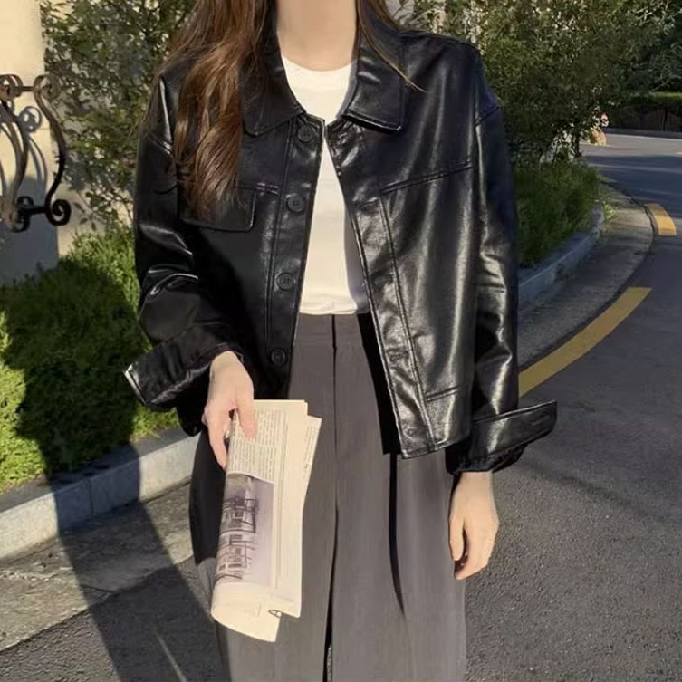 Women's Leather Jacket Spring and Autumn Korean Version 2025 New Petite Cool Short Loose Long-Sleeve Biker Jacket