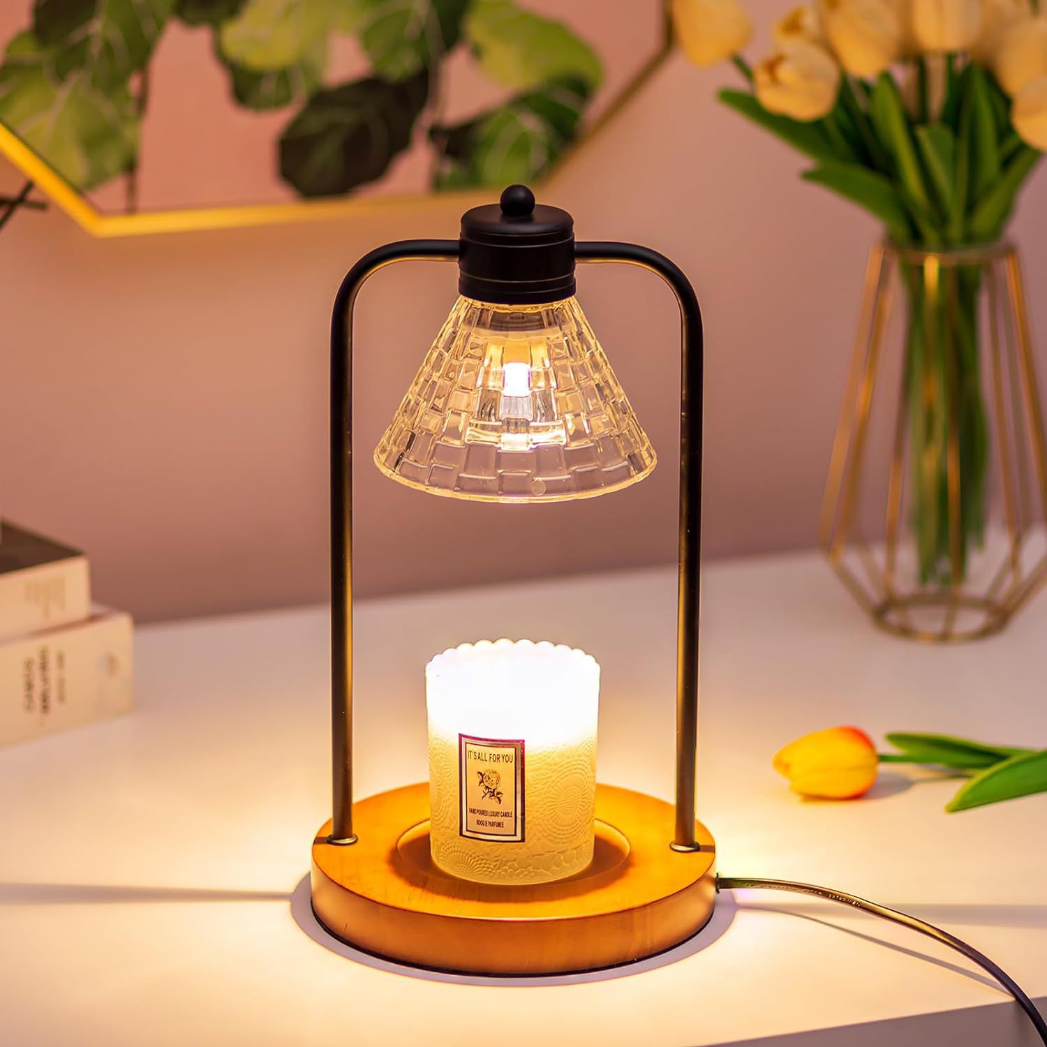 블랙 더블 로드 나무 왁스 용융 램프 모자 유리