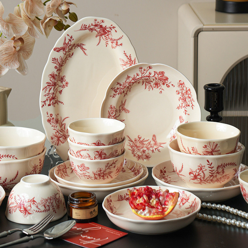 Ceramic Bowl Household Tableware Red Bowl and Plate Set High-End Underglaze Color Bowl and Plate Set for Moving to a New Home Bowl, Plate, and Spoon Set Ceramic Bowl Household Tableware Red Bowl and Plate Set High-End Underglaze Color Bowl and Plate Set for Moving to a New Home Bowl, Plate, and Spoon Set