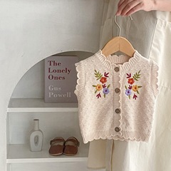 2023 Autumn Mesh Infant Children's Cotton Baby Girl Embroidered Cardigan Sleeveless Sweater Versatile Vest Jacket