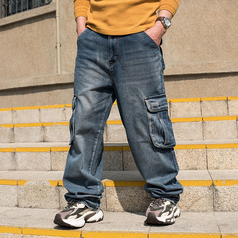 Hip-Hop Loose Skateboard Pants Hip-Hop Plus-Size Men's Large Multi-Pocket Jeans Carrot Wide-Leg Denim Trousers
