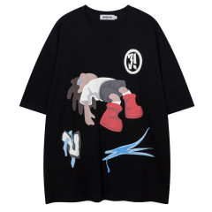 アメリカンレトロクリエイティブ趣味漫画プリント半袖tシャツ男女ins潮牌街頭ゆるいbfカジュアル半袖