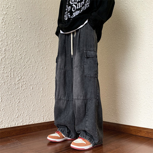 Trendy Hip-Hop Washed Jeans for Men, Spring and Autumn American Style, Vintage Loose Straight Wide-Leg Cargo Pants