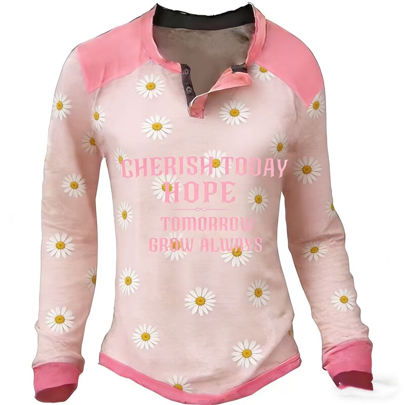 2026 Cross-Border European and American New Style Women's Henley Shirt T-Shirt Graphic Letter Clothing 3D Printed Retro Casual Long-Sleeved 2026 Cross-Border European and American New Style Women's Henley Shirt T-Shirt Graphic Letter Clothing 3D Printed Retro Casual Long-Sleeved