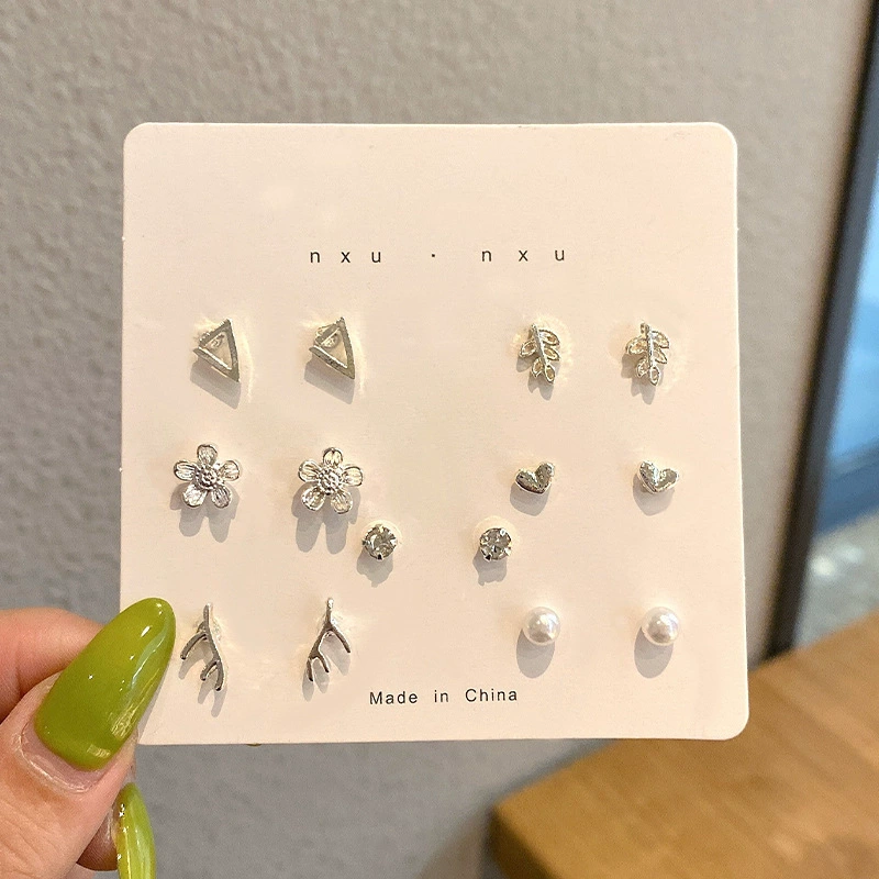 Earrings set, small elegant studs 2–12 pcs, pearl and charming motif designs