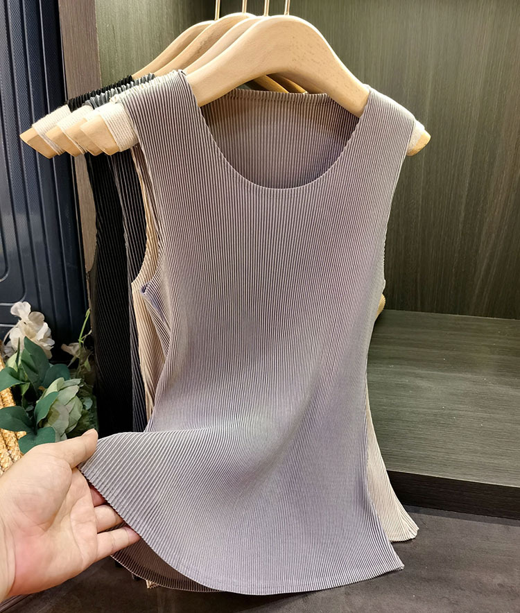 Áo ba lỗ xếp ly cổ tròn trơn màu thời trang nữ mùa hè — Màu đen, Màu xám đậm, Màu trắng, Màu xám chi tiết 1