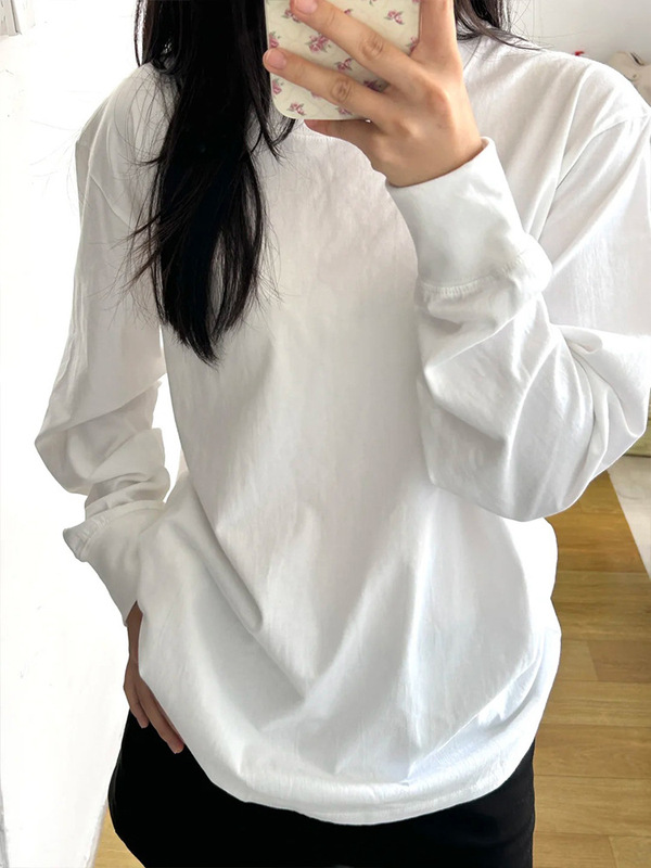 棉圆领长袖T恤女秋冬白色叠穿上衣纯色基础款宽松内搭打底衫|undefined