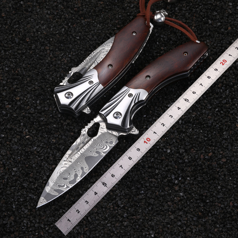 户外多功能锋利开刃大马士革钢高硬度随身携带防身野营家用折叠刀