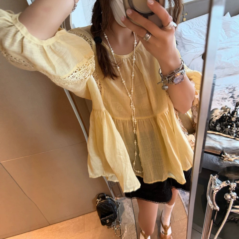 Summer Hollow-Out Loose Shirt with 100% Ramie Lantern Sleeves, Doll-Style Blouse with French Lace Patchwork, Slightly Sheer Top Summer Hollow-Out Loose Shirt with 100% Ramie Lantern Sleeves, Doll-Style Blouse with French Lace Patchwork, Slightly Sheer Top
