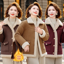 女款时尚宽松休闲棉服秋冬季新款翻领拼接加绒加厚皮毛一体棉衣