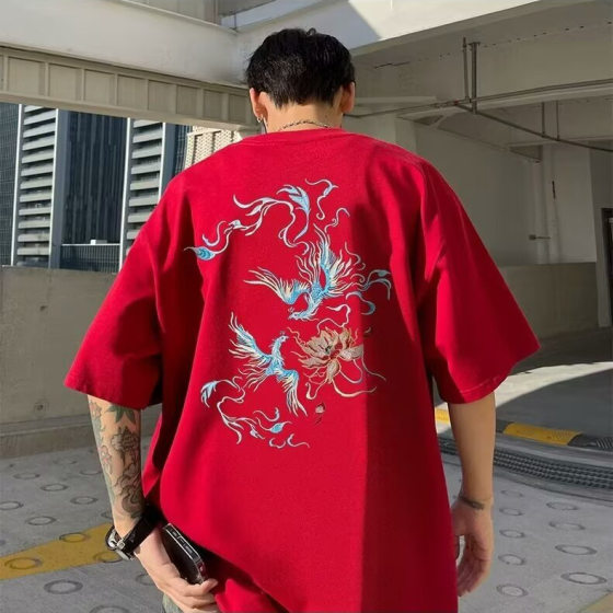 National Fashion Chinese Style Clothes White Embroidered Short-sleeved T-shirt Men's Loose plus size Phoenix Fashion Brand Heavy Half-sleeved Summer