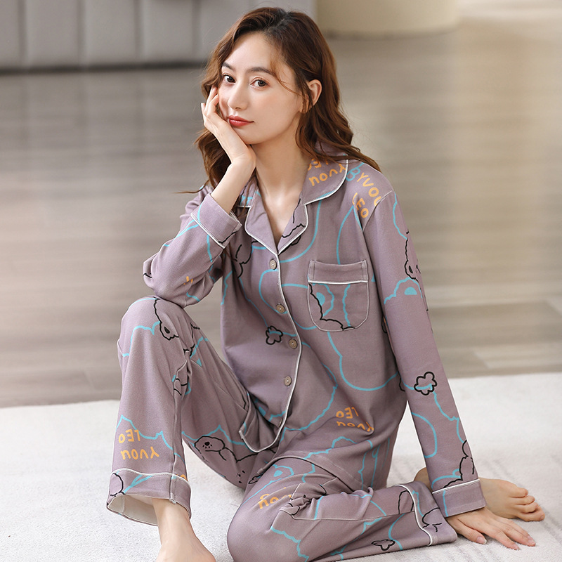 Traje % Pijama de algodón de manga larga impresa casual suelta primavera y otoño delgada ropa de aire acondicionado ropa para el hogar se puede usar fuera