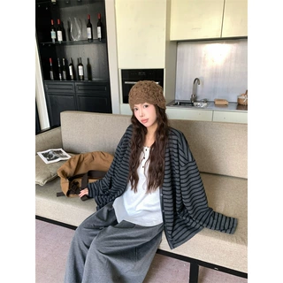 大码女装慵懒风条纹v领开衫外套女韩系上衣内搭背心+长裤
