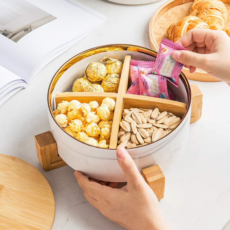 Caja de caramelo de roble de madera hogar sala de estar mesa de café plato de fruta seca de cerámica con tapa Internet Celebrity Snack plato de fruta