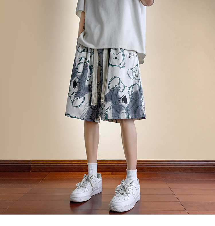 Men's Bear Print Drawstring Shorts, Loose Fit High Street Casual Shorts, Summer Streetwear Mid-Thigh Shorts_viptrois.com