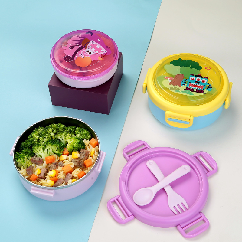 Baby Dinner Tableware Picnic Lunch Box Children's Stainless Steel Lunch Box Funny Bud Home Round Lunch Box Bowl Set